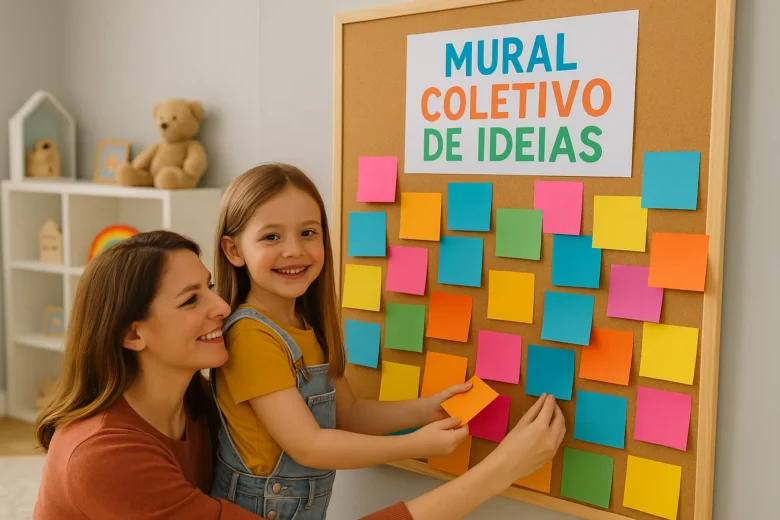 Mural coletivo de ideias feito com papel colorido