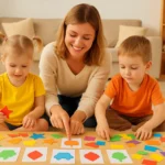 Jogo de associação com figuras recortadas em papel colorido: estimulando o aprendizado com criatividade