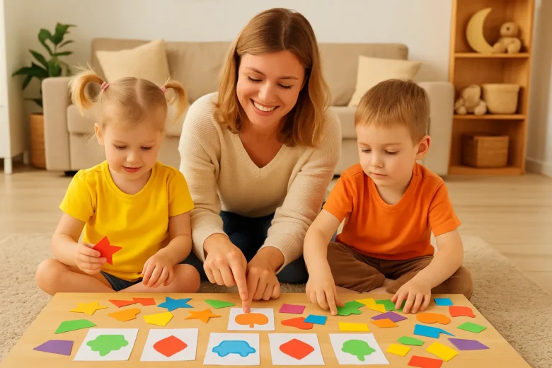 Jogo de associação com figuras recortadas em papel colorido: estimulando o aprendizado com criatividade