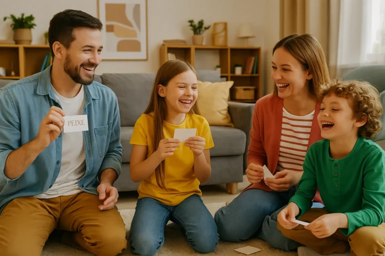 Jogo de charadas com cartões de papel para brincar em família