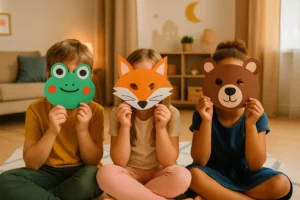 Máscaras de animais com papel colorido para teatrinhos caseiros