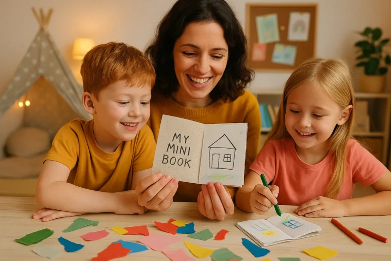 Mini livro ilustrado com papel reciclado para crianças criarem histórias