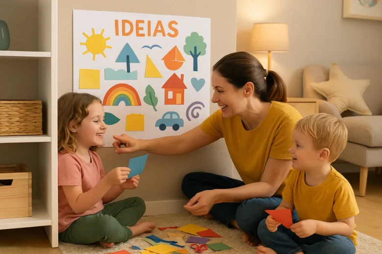 Mural de ideias com colagens de papel em família