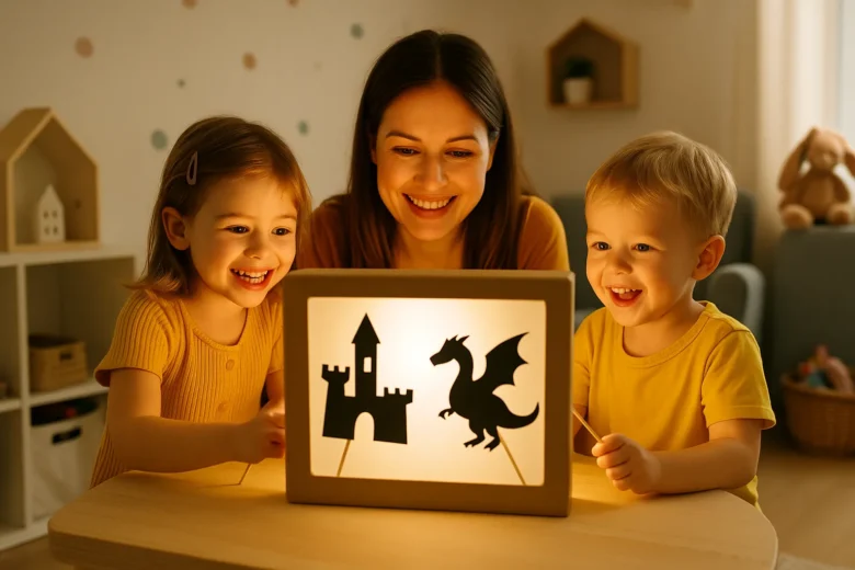 Teatrinho com silhuetas de papel preto em fundo iluminado